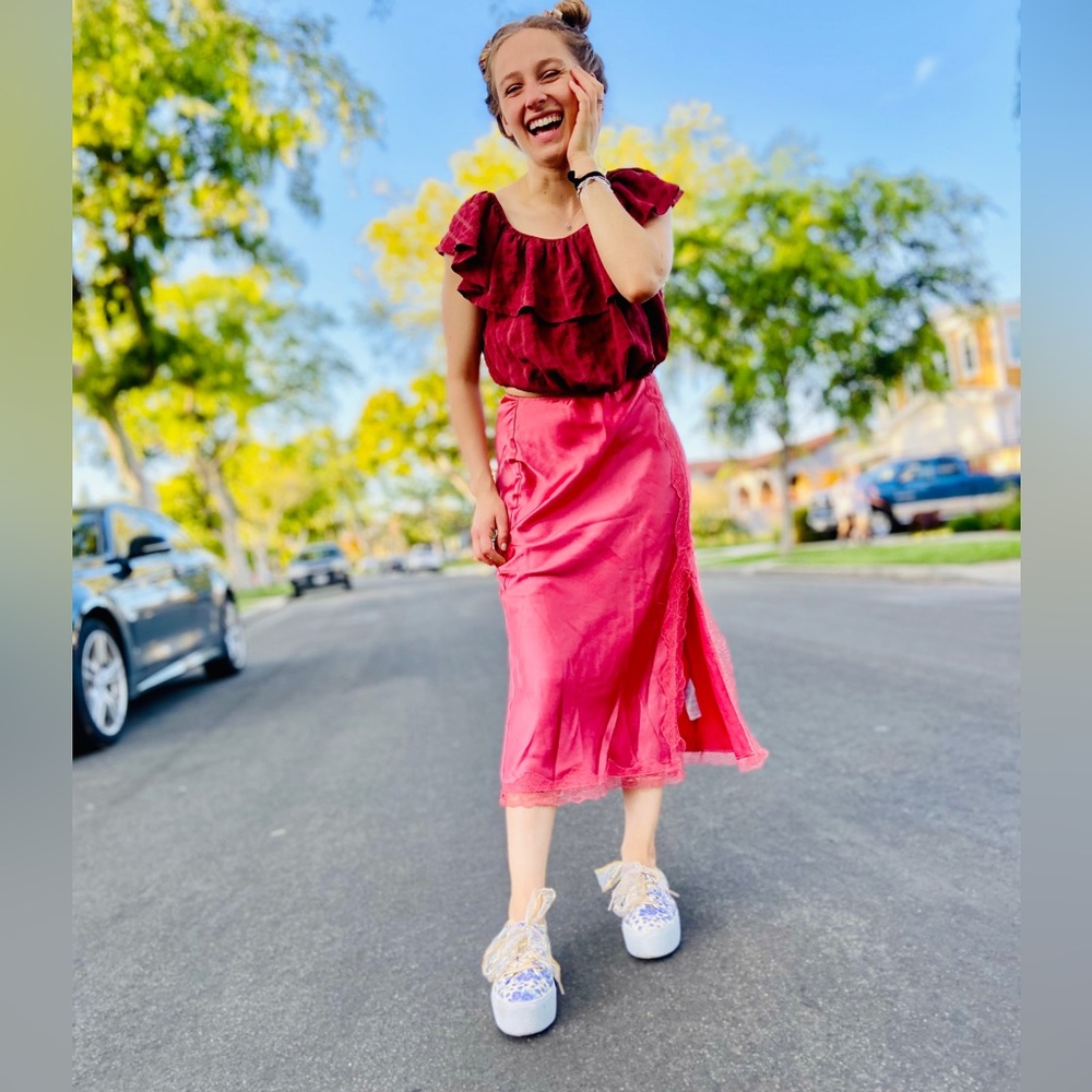 Pink Satin Midi Skirt